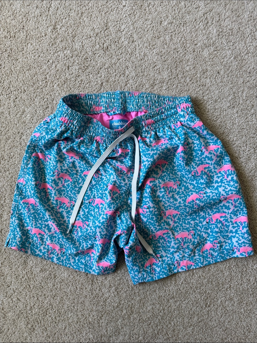 Chubbies Teal Swim Trunks with Pink Flamingo Print